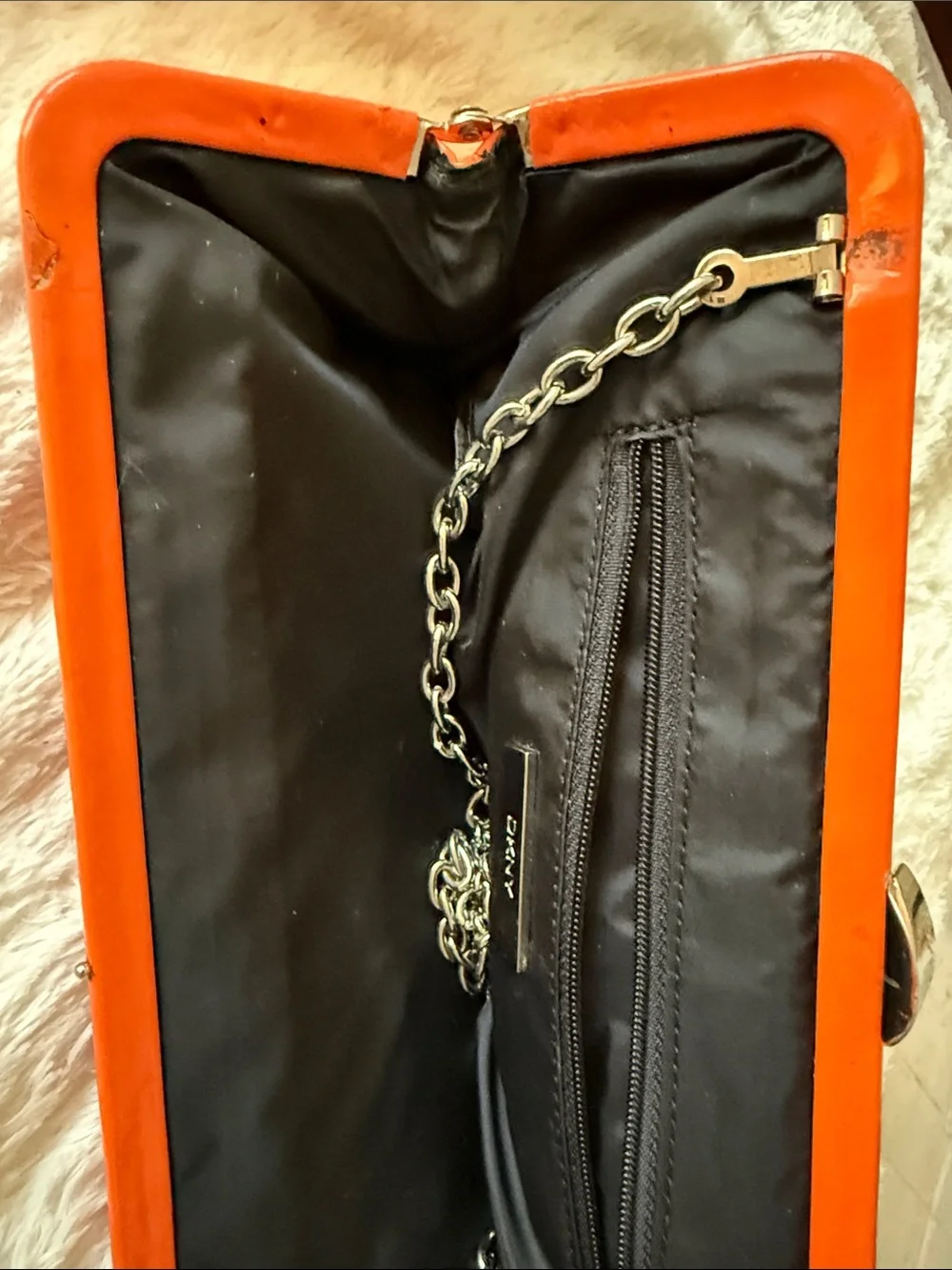 DKNY Orange Patent Convertible Chain Clutch Shoulder Bag Y2K East West Evening